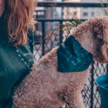 Load image into Gallery viewer, woman sitting with dog on lap wearing dog and human matching outfits, green graphic print sweater and dog collar bandana inspired by Hocus Pocus
