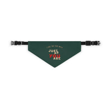 Load image into Gallery viewer, Small graphic print dog collar Bandana with adjustable buckle strap green with yellow and red writing reads "I like you very much just as you are"
