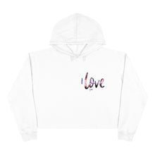 Load image into Gallery viewer, white crop graphic print hoodie with pink and blue writing on the right side chest reads "I love you". Dog mom sweatshirt Inspired by star wars.