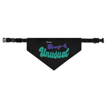 Load image into Gallery viewer, Medium sized dog bandana with adjustable buckle belt black with white green and purple writing reads "strange and unusual" inspired by Beetlejuice