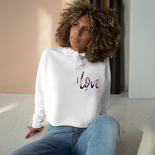 Load image into Gallery viewer, Dog mom wearing star wars inspired fantasy fashion white crop hoodie with pink and blue writing on the right chest which reads "I love you"