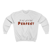 Load image into Gallery viewer, Medium sized love actually inspired white dog parent white swaeter with black and red wrting reads "To me you are perfect"
