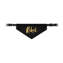 Load image into Gallery viewer, Medium sized dog bandana with adjustable buckle strap. Black with yellow writing reads "Rebel dog" inspired by star wars