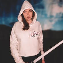 Load image into Gallery viewer, Dog mom holding a light saber wearing dog and human matching outfit white graphic print star wars inspired hoodie with blue and pink writing on right chest which reads "I love you"