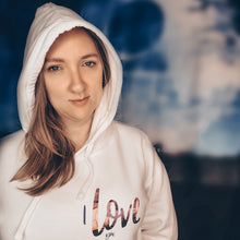 Load image into Gallery viewer, Closeup of Dog Mom standing in front of deathstar wearing matching dog and owner apparel white hoodie with pink and blue writing on right chestwhich reads "I love you". Star wars inspired.