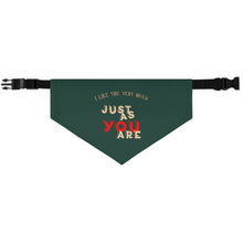 Load image into Gallery viewer, Large dog collar fashion Bandana with adjustable buckle strap green with yellow and red writing reads &quot;I like you very much just as you are&quot;
