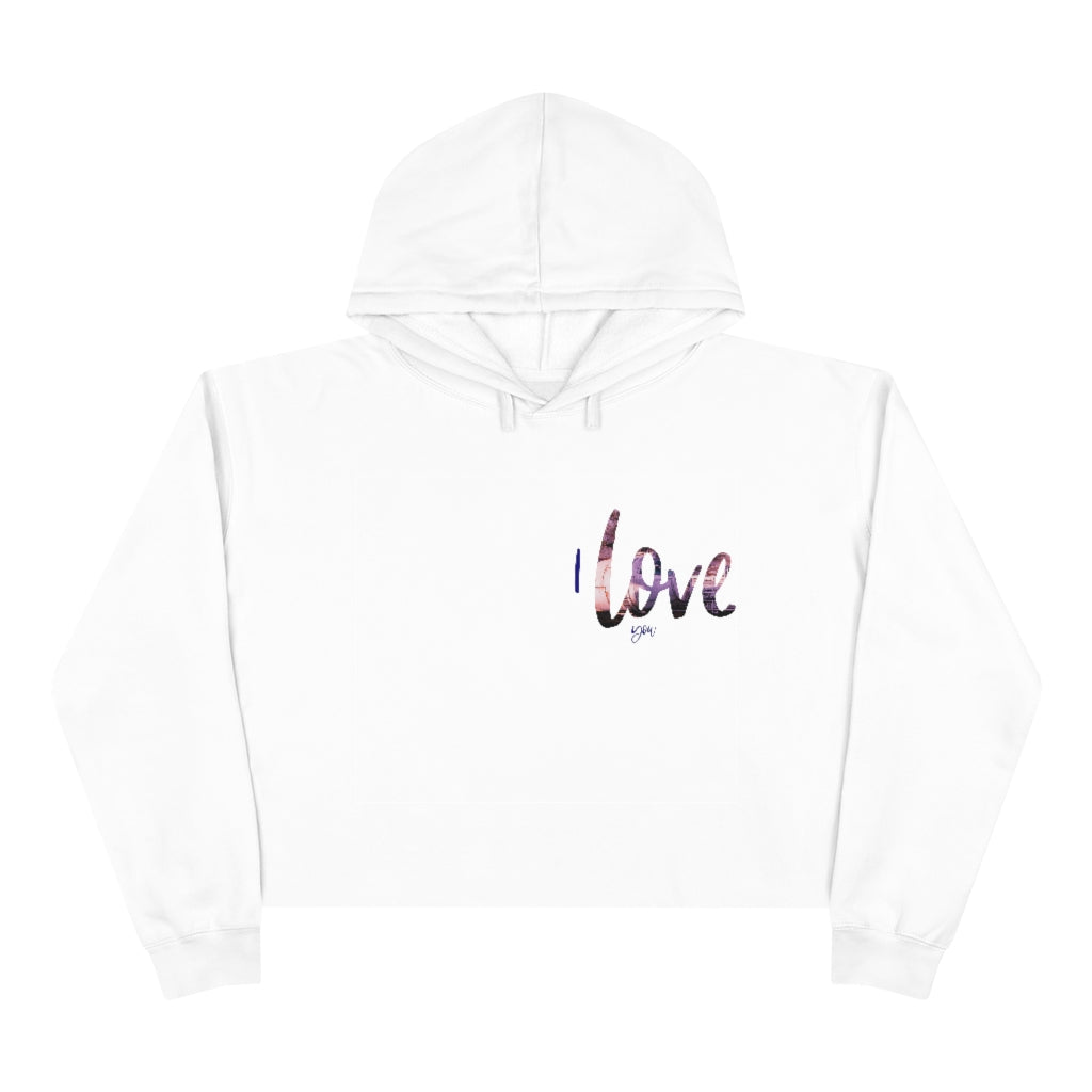 white crop graphic print hoodie with pink and blue writing on the right side chest reads 
