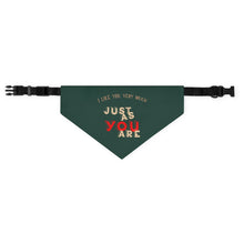 Load image into Gallery viewer, Medium Bridget Jones inspired dog collar Bandana with adjustable buckle strap green with yellow and red writing reads &quot;I like you very much just as you are&quot;
