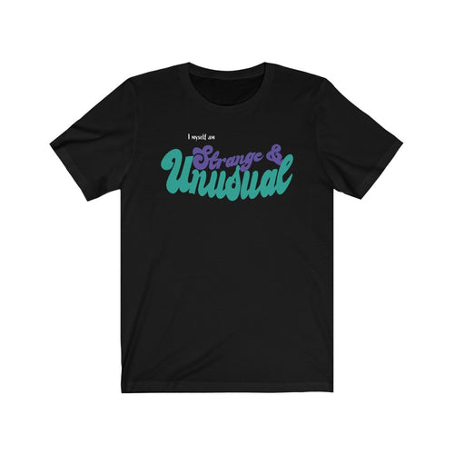 Medium sized beetlejuice inspired black tshirt with green and purple writing reads 