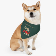 Load image into Gallery viewer, Medium dog wearing Large graphic print dog collar Bandana with adjustable buckle strap green with yellow and red writing reads &quot;I like you very much just as you are&quot;
