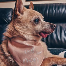 Load image into Gallery viewer, small dog wearing medium sized Jurassic park inspired dog bandana with adjustable belt buckle collar, pink colored with white writing which reads &quot;I eat man rawr&quot;
